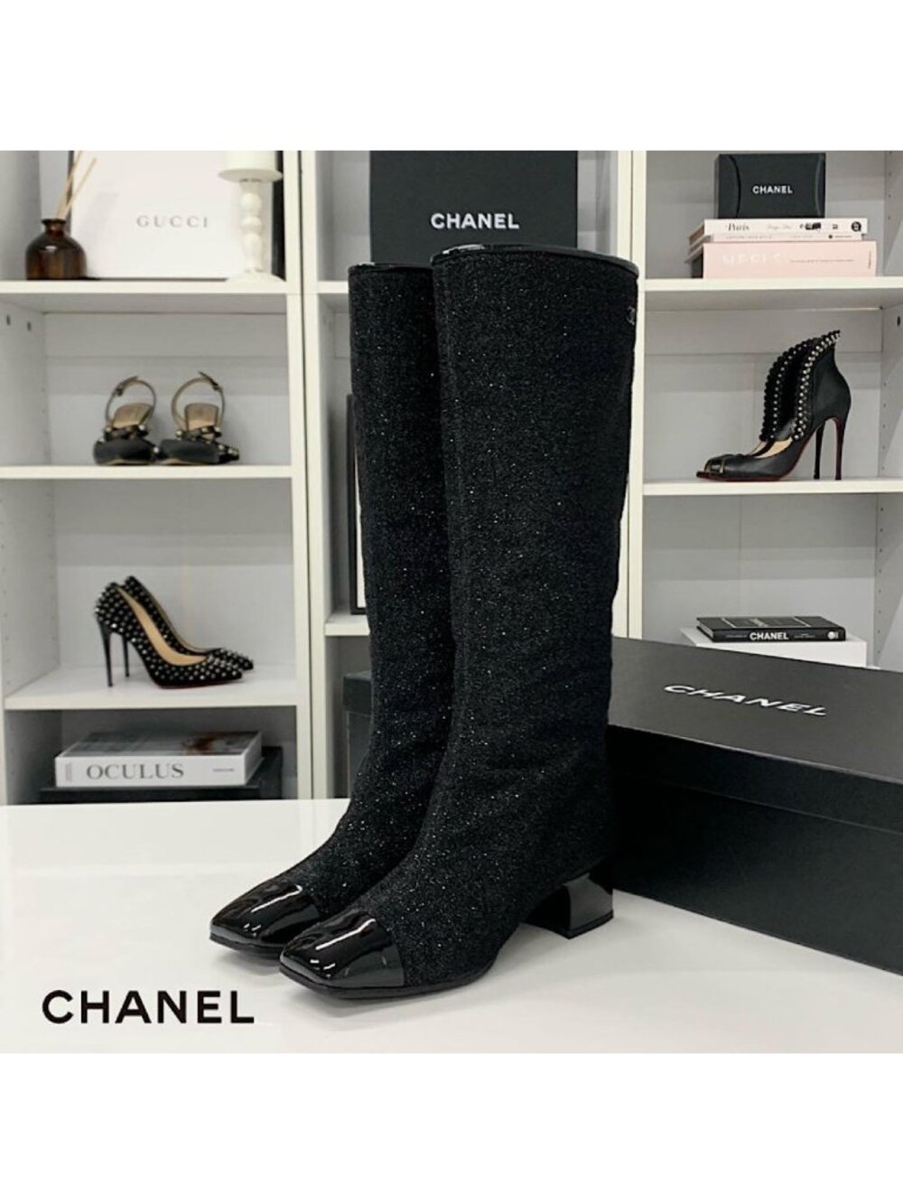 Chanel CC Logo Fabric Patent Glitter Long Boots Black
